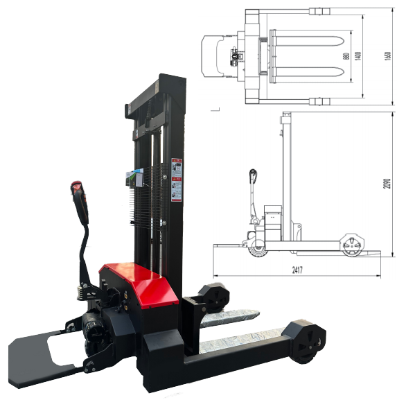Outdoor Electric Stacker 1.5–2.0 Ton Wide Leg Walkie Type drawing