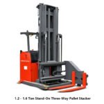 1.2 - 1.6 Ton Stand-On Three-Way Pallet Stacker | MC12 & MC16 Series for Ultra-Narrow Aisles 1.2 - 1.6 Ton Stand-On Three-Way Pallet Stacker