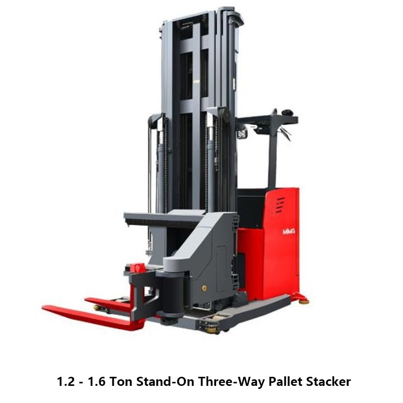 Stand-On Three-Way Pallet Stackerfor Ultra-Narrow Aisles