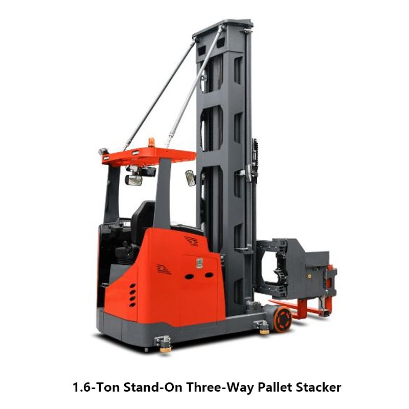 back of 1.6-Ton Stand-On Three-Way Pallet Stacker