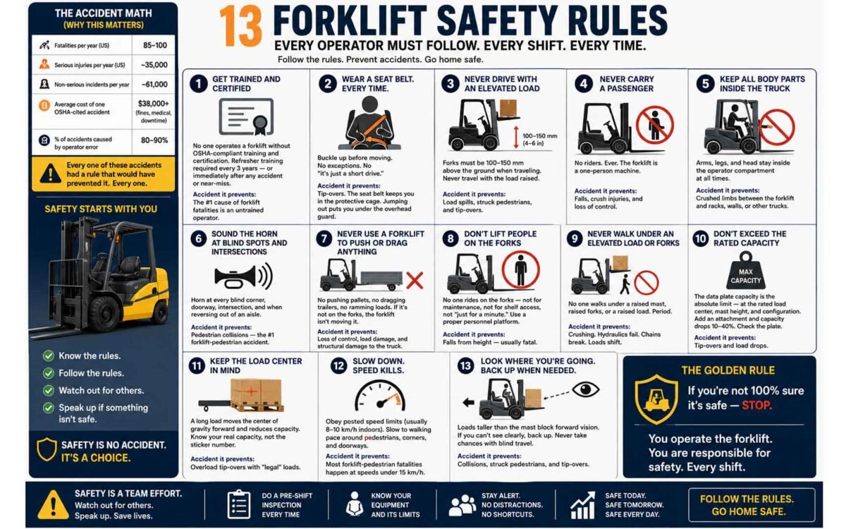 Forklift Safety Rules — The 20 Rules That Prevent 90% of Accidents